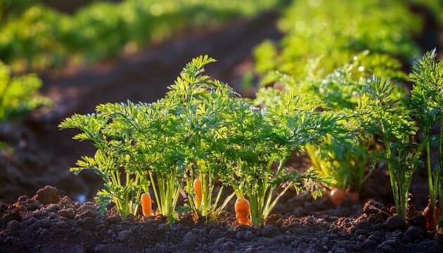 close up of carrot plants growing in the field during daylight hours in a vegetable garden