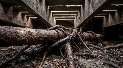 Close-up of an old, decaying industrial pipe heavily coated in rust, deeply intertwined with persistent roots, beneath a structure, illustrating nature's reclamation