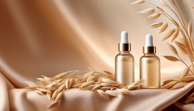oat serum and fluid for skin barrier with soft nourishing care minimalist bottles and oat stem on a silky beige background great for beauty ads web banners spa branding and skincare promos