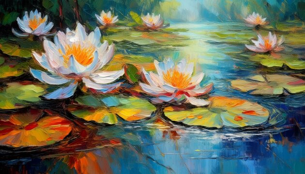 oil painting of beautiful water lilies in the pond in the style of impressionism