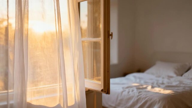 Curtains draped over an open window allow warm golden sunrise light to spill into a serene bedroom.