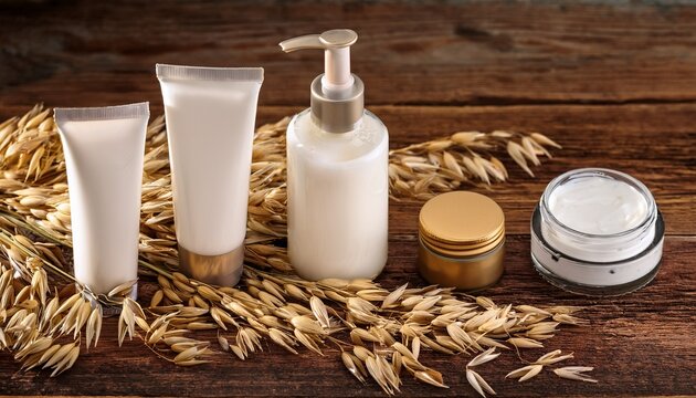 rustic oat skincare line for sensitive skin with cleanser serum and nourishing cream on a wooden background great for spa brochures organic beauty blogs product pages and wellness content