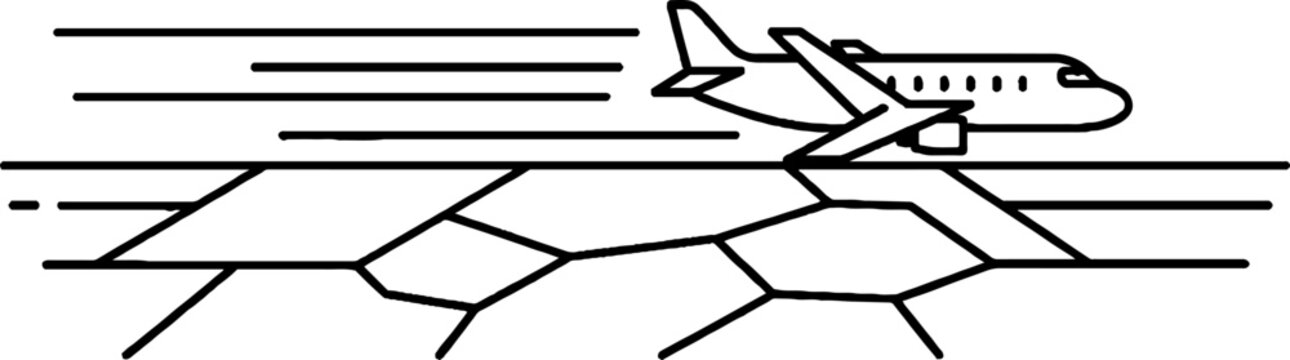 Commercial airplane taking off from stylized runway illustration.