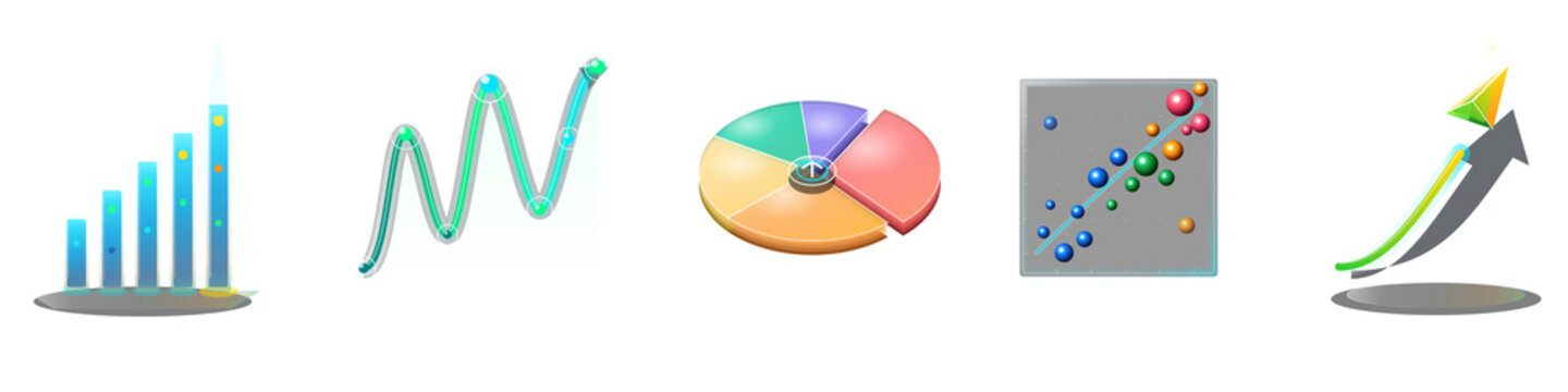 Charts and graphs including a bar chart, line graph, pie chart, scatter plot, and 3D graph with various colors and styles