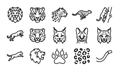 Wild Cat Icons Set: Big Feline Faces, Running Animals, Paw Prints, Vector Graphics © Rifa