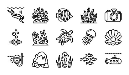 Ocean Life Icons Set, Underwater Exploration Vector Graphics, Marine Animals and Scuba Diving Symbols © Rifa