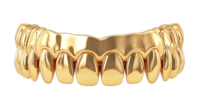 Luxurious shiny golden grillz representing extravagant dental adornments and a statement of wealth in contemporary hip-hop fashion culture, rendered in stunning 3D&nbsp;