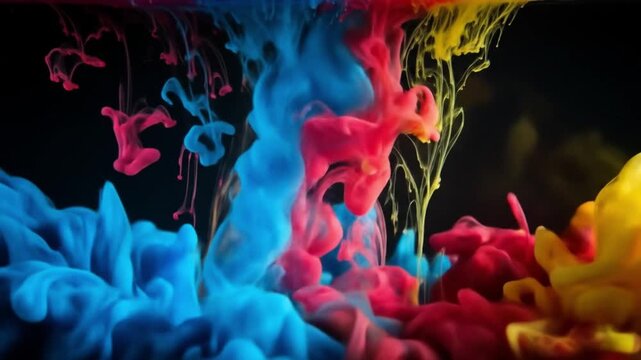 Colorful ink plumes mix in water against a dark background