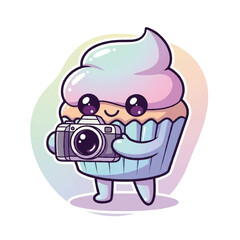 Fototapeta premium Cute Cupcake Character Holding a Camera.