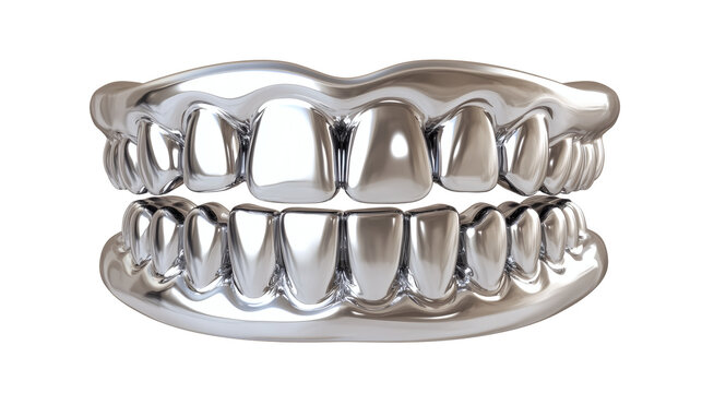 A striking full set of brilliant silver metallic teeth, designed as a modern luxury dental grill, showcasing a perfect smile with a shimmering chrome finish, rendered in high detail&nbsp;&nbsp;