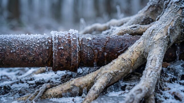 Frozen pipe and roots covered in frost during winter season, symbolizing cold weather and potential damage