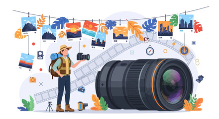 A photographer stands next to a large camera lens surrounded by various colorful photos and illustrations. © Fendi
