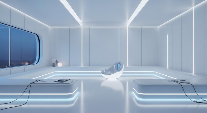 Futuristic interior design with glowing lights and sleek furniture