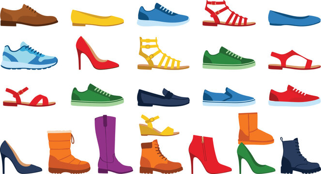 Shoes vector collection with various footwear icons including sneakers high heels boots sandals flats and loafers for fashion shopping design illustration