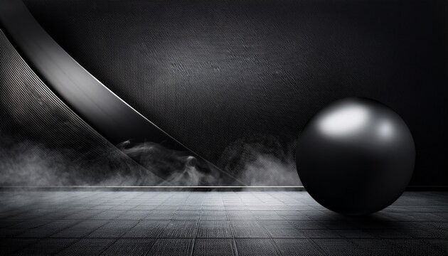 charcoal wall carbon fiber texture floating black sphere chrome detail subtle smoke dark ribbon accent concrete floor elegant stage