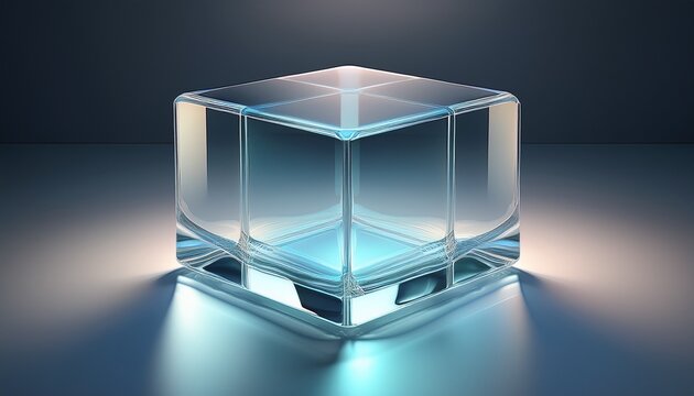 clear glass cube translucent panel symmetry studio lighting soft shadow gradient floor reflective surface