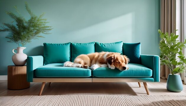 dog sleeping curled turquoise sofa cozy minimalist living room interior with wood furniture and ceramic vase decor soft natural morning light