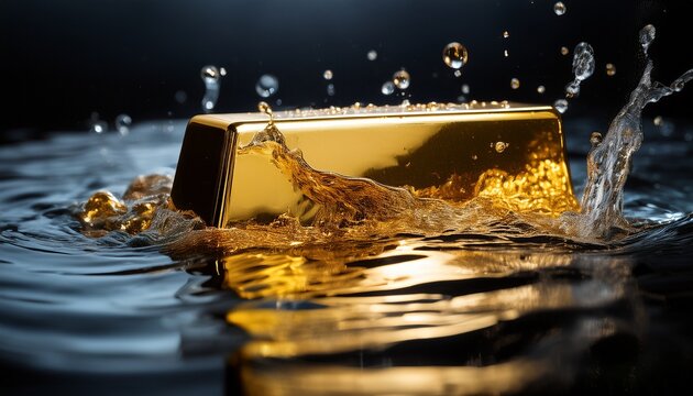 shiny gold bar sinking into dark water creating ripples and cinematic reflections conveying value loss and tension