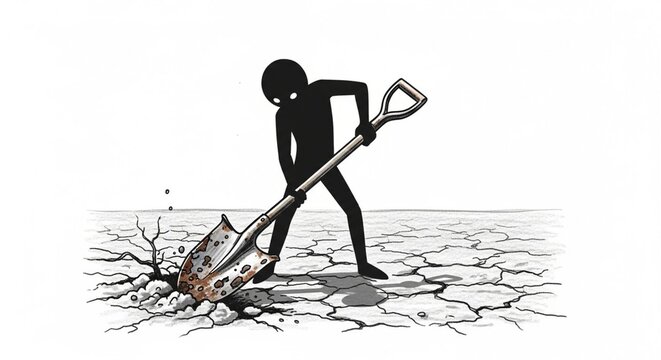 Silhouette Person Digging Cracked Dry Parched Ground Symbolically.