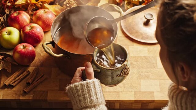 Woman stirs fragrant apple cider in pot while preparing mugs in inviting kitchen. Warm atmosphere enhances autumn celebration. Concept of hospitality, seasonal cooking, home warmth
