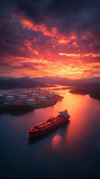 Serene lng tanker at a distant island terminal in open waters. D