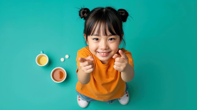 Playful Child with Snacks: A young girl with a bright smile and adorable twin buns on her hair points forward enthusiastically, surrounded by two small cups of dipping sauce and some pills or candies.