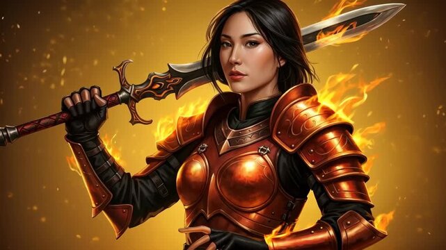 Warrior Woman of the Fire Realm: A fierce female warrior, clad in glowing, ornate armor and wielding a flame-kissed sword, stands defiantly against a backdrop of swirling embers and golden light.