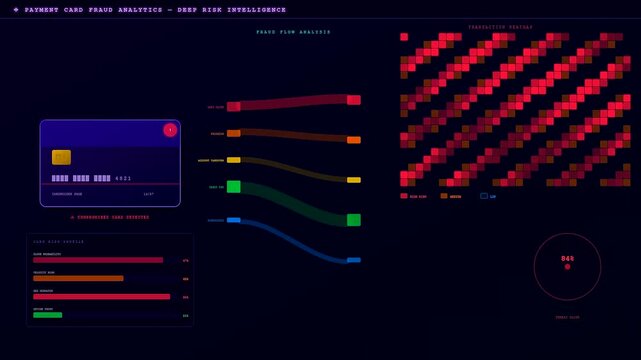 Digital displays showcasing ai fraud detection systems monitor payment transactions with glowing charts and shifting heatmap data patterns captured in a dark computer screen interface