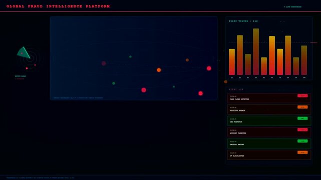 the ai fraud detection interface displays complex digital bar graphs and circular radar scanning patterns against a dark screen environment for financial monitoring and security analytics