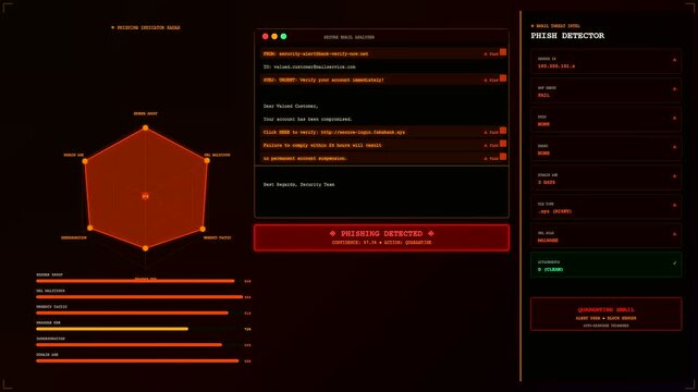 A digital screen displaying ai fraud detection software monitoring phishing email threats in a dark interface with vibrant red hexagonal charts and system analytical warning logs