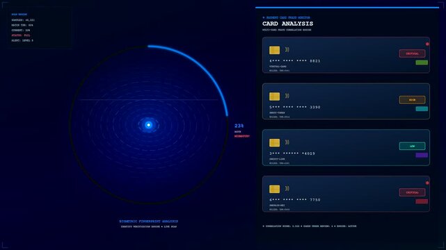 Monitoring digital security systems with ai fraud detection interface showing multiple credit card analysis panels on a dark glowing circular monitor screen in real time