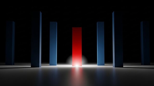 The Glowing Red Pillar Stands Out Amidst a Row of Blue Pillars in a Dark Setting, Symbolizing Individuality and Distinction