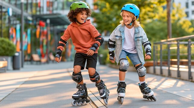 Two cheerful young boys rollerblading together on a sunny city sidewalk wearing safety helmets