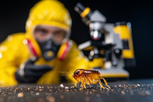 Flea Crawling Across Fabric Landscape with Dramatic Microscopy and Laboratory Environment