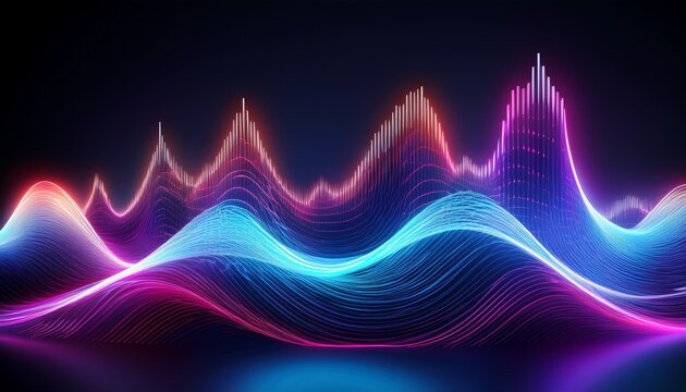neon sound wave with glowing light lines on dark background digital audio signal visualization
