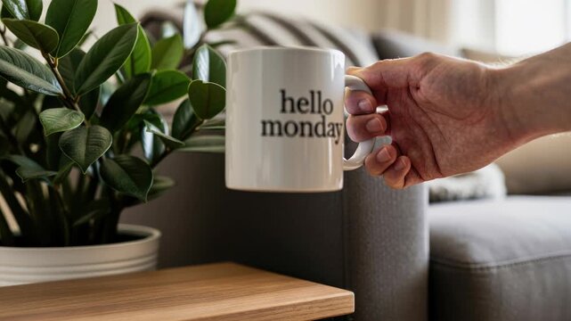 Hello Monday Mug by Plant and Sofa: A hand holds a white mug with the phrase hello monday! in black text, set against a backdrop of a potted plant and a comfortable sofa.