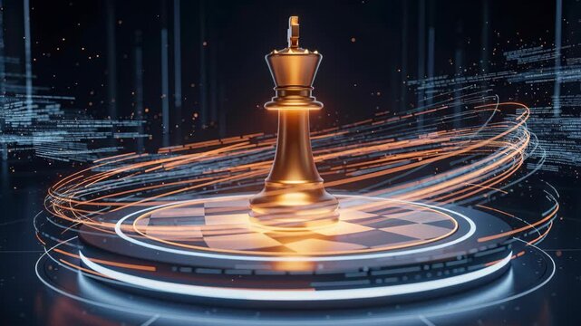 Golden Chess King: A majestic golden chess king stands as the sole piece on a stylized chessboard, surrounded by futuristic, glowing rings and digital data streams.