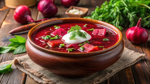 Red beet vegetarian soup borscht with sour cream in a ceramic bowl