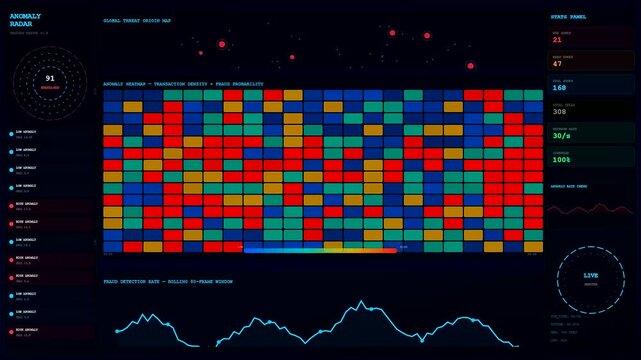 Complex digital monitors showing ai fraud detection activity with vibrant square grids and shifting network data points displayed on a dark virtual interface screen dashboard