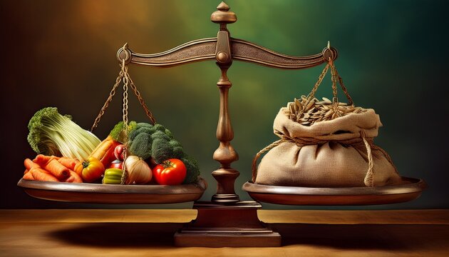 traditional balance scale with vegetables on one side and stacks of money with a sack on the other tilting under the weight of currency symbolizing the rising cost of food and economic imbalance