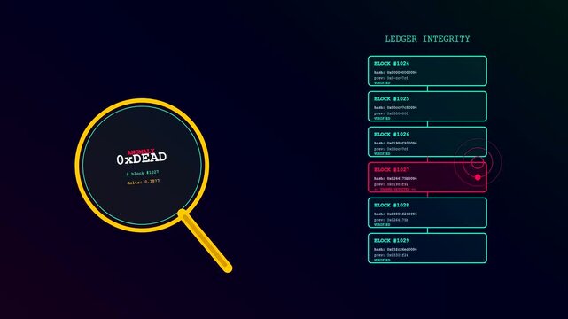 Digital monitoring through ai fraud detection software shows a magnifying glass searching through a vertical list of database entries displayed on a dark glowing monitor screen