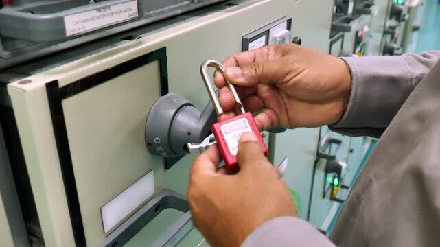 Industrial worker applying a LOTO lock on an electrical control cabinet to prevent accidental energization, representing workplace safety, risk prevention, and compliance with safety regulations.