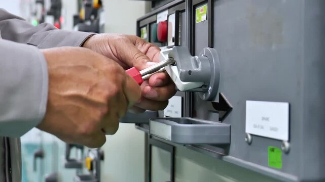 Industrial worker applying a LOTO lock on an electrical control cabinet to prevent accidental energization, representing workplace safety, risk prevention, and compliance with safety regulations.
