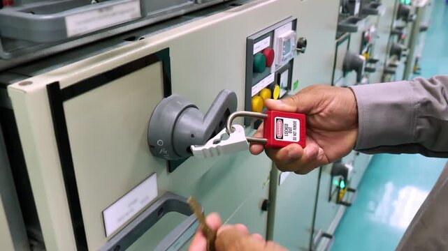 Lockout Tagout (LOTO) safety procedure using a padlock on the main electrical disconnect switch to isolate hazardous energy, ensuring worker protection during maintenance, inspection, and repair activ