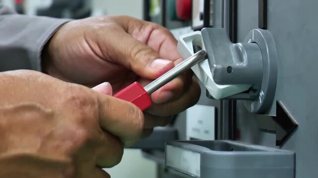 Lockout Tagout (LOTO) safety procedure using a padlock on the main electrical disconnect switch to isolate hazardous energy, ensuring worker protection during maintenance, inspection, and repair activ