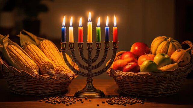 Harvest Festival Menorah: A beautifully lit menorah stands center stage, surrounded by bountiful baskets of harvest produce, symbolizing gratitude and festive celebration.