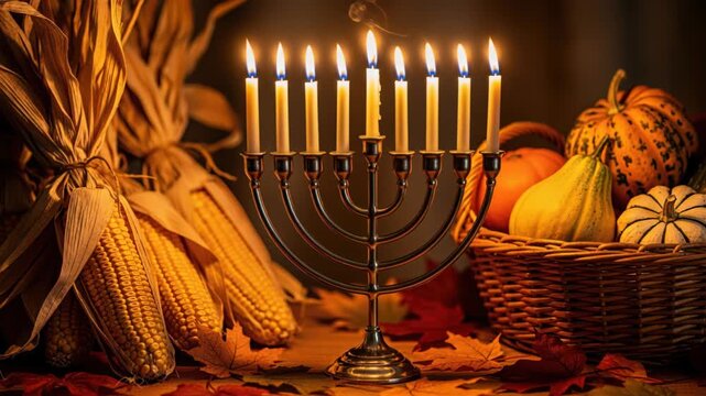 Autumnal Hanukkah Blessing: A menorah, illuminated with nine flickering candles, stands amidst a bounty of fall harvest decorations, including corn stalks, pumpkins, and gourds.