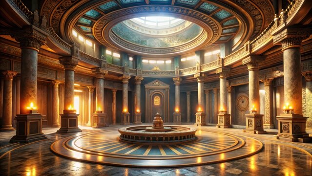 Captivating cg rendering of a circular ancient temple interior with dramatic lighting