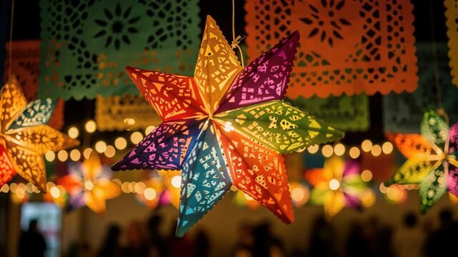 Papel Picado Fiesta Star Lanterns: Vibrant, intricately cut papel picado star lanterns, illuminated from within, hang amidst festive papel picado banners and fairy lights.