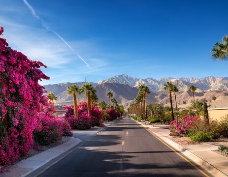 palm springs street with bougainvillea and san jacinto mountains